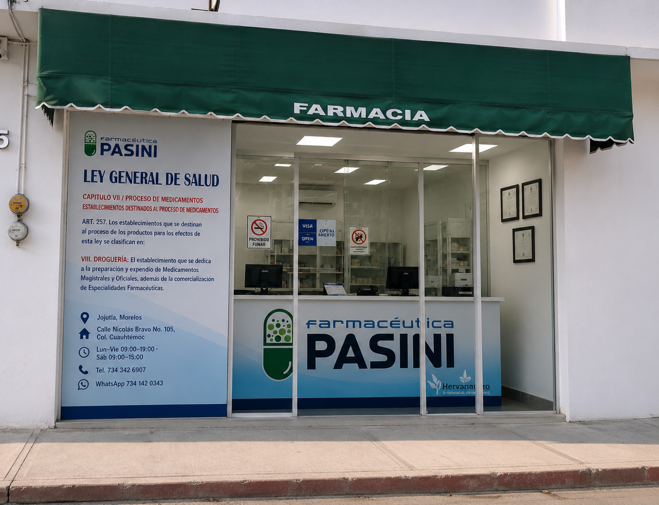 Fachada de Farmacéutica Pasini en Jojutla, Morelos